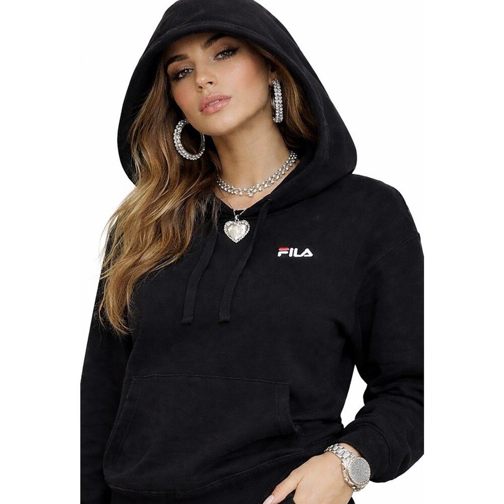FILA Women Black Fleece Hoodie Hooded Sweater Sweatshirt Pullover Top M New Y2K